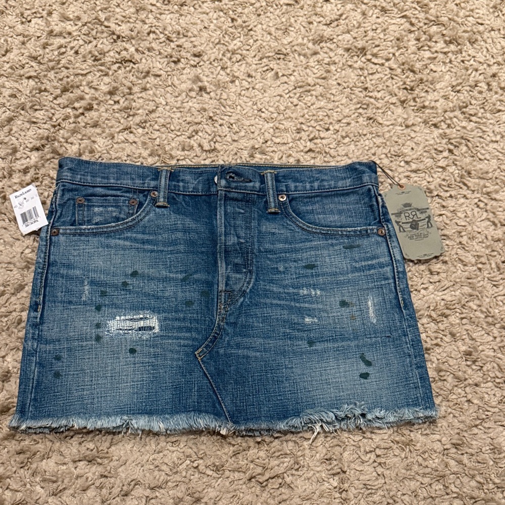 NWT Ralph Lauren Double RL Blue Distressed Denim Mini Skirt